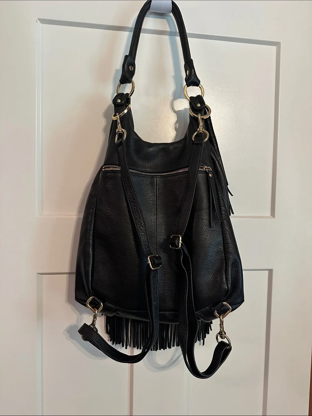 G.I.L.I pebbled black Fringe Leather Hobo backpack shoulder gold cinch purse